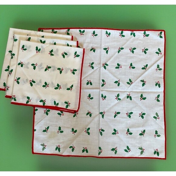 Set of 4 Vintage Holiday Napkins 16X16"  Holly Berry Printed Red Hem Stitch 1988 - Picture 1 of 6